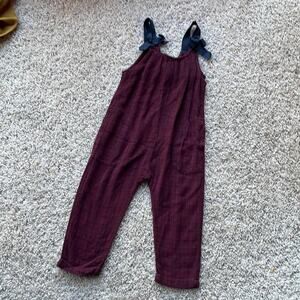ZARA GIRLS Linen Cotton Blend Burgundy & Navy Plaid Tie Bow Overalls Size 4